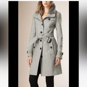 Burberry Gray Wool Blend Trench Coat with Shearling Collar US 2